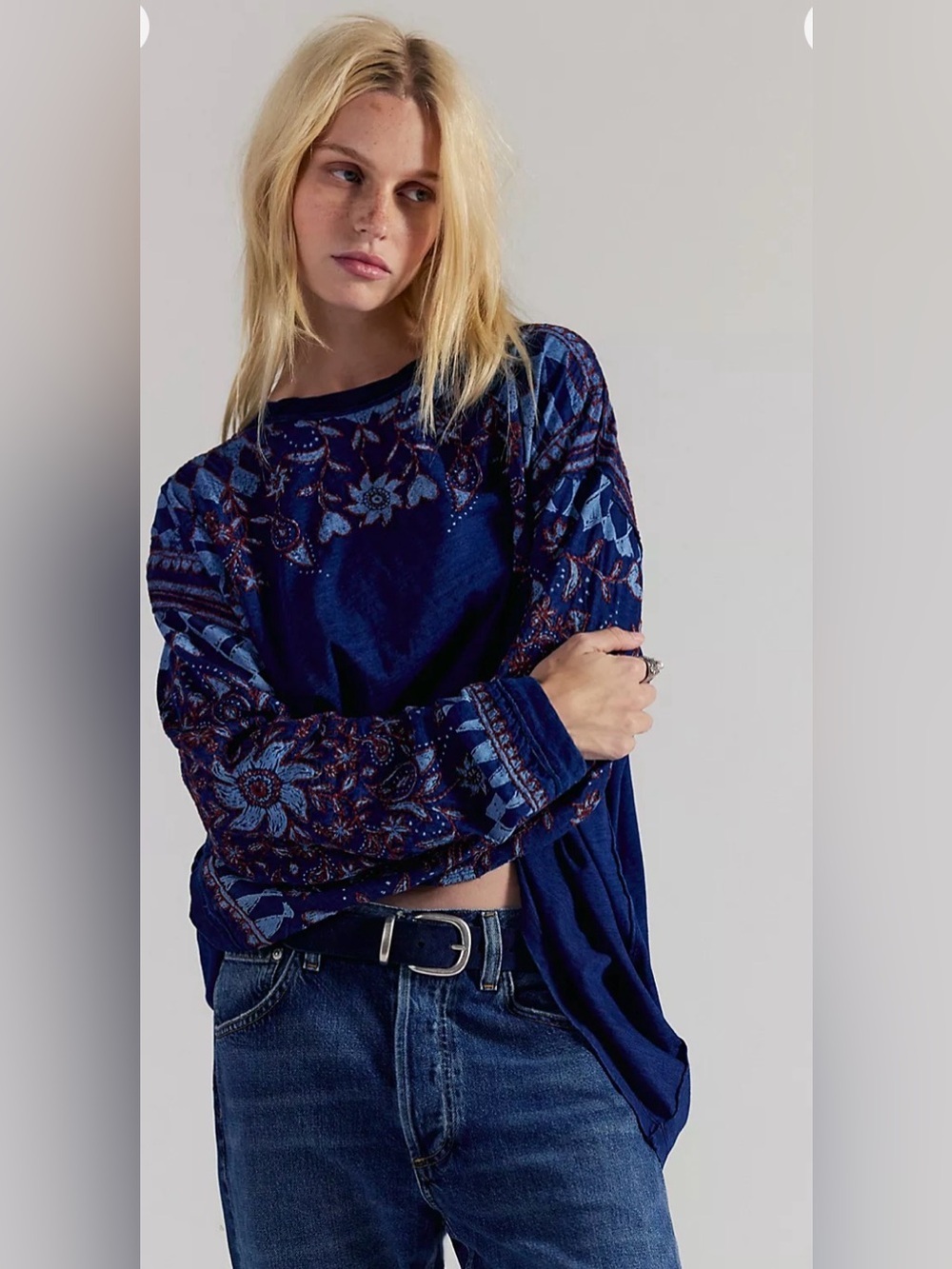 Free People We The Free Indigo Combo Embroidered Long Sleeve Tee Top Size XS NWT